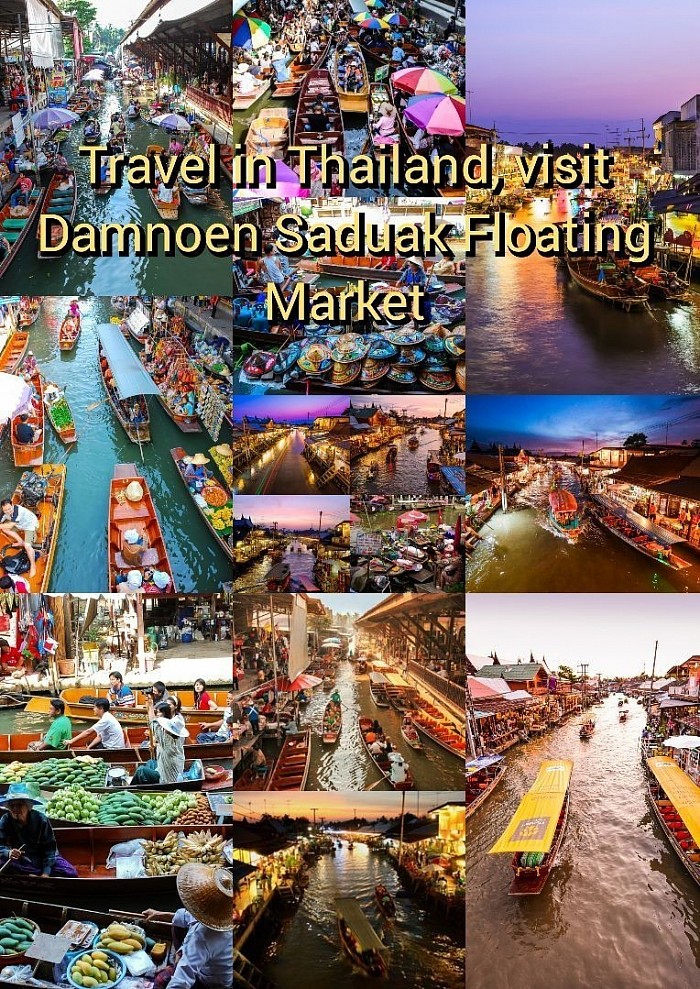 Damnoen Saduak Floating Market  or Damnoen Saduak Floating Market  It is a large floating market located in Damnoen Saduak District.  Ratchaburi Province  The market has a long history and is a popular tourist attraction in the region.  Damnoen Saduak Floating Market is known for its bustling and lively atmosphere.  Vendors in small wooden boats  Sailing along the narrow canal  Selling a variety of products  Tourists can find a variety of products such as vegetables, fruits, local food.  Handicrafts, souvenirs and traditional Thai products